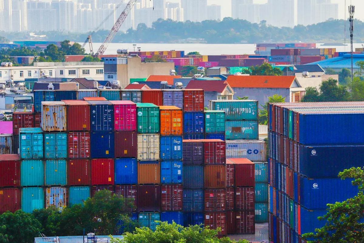 A shipping port handling steel and containers